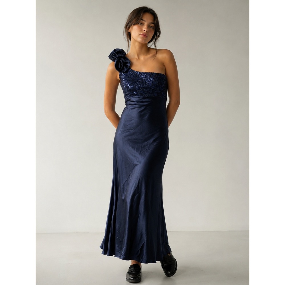 Vintage Jessica McClintock Gunne Sax Navy Blue One Shoulder Sequin Satin Gown- 0